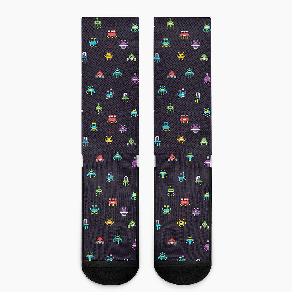 Pixel UFO Aliens Pattern Print Crew Socks