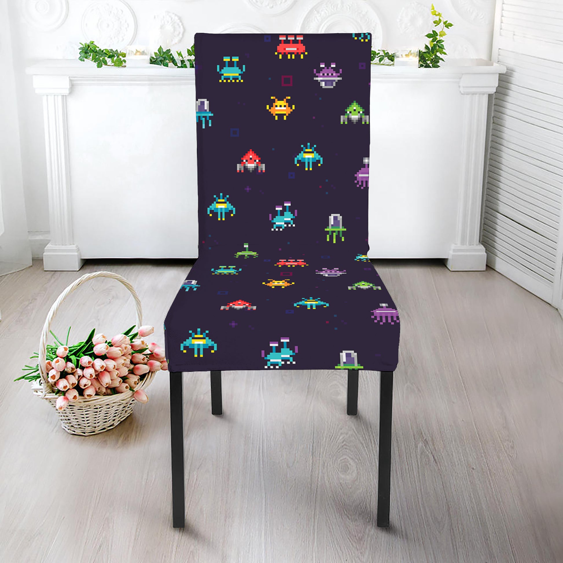 Pixel UFO Aliens Pattern Print Dining Chair Slipcover