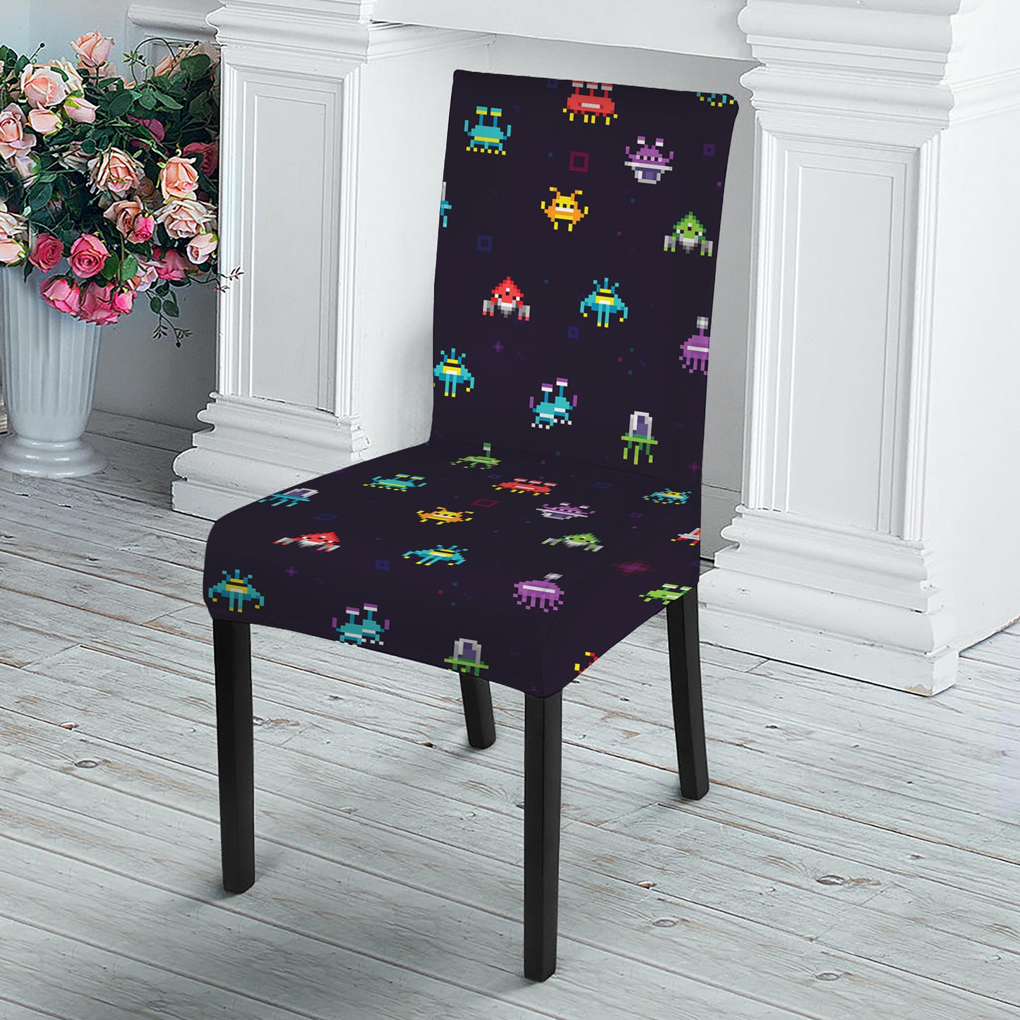 Pixel UFO Aliens Pattern Print Dining Chair Slipcover