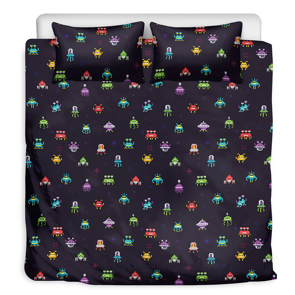 Pixel UFO Aliens Pattern Print Duvet Cover Bedding Set