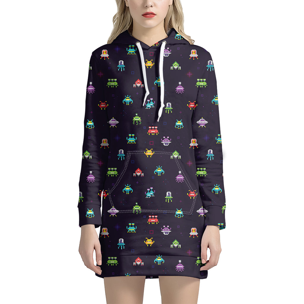 Pixel UFO Aliens Pattern Print Hoodie Dress