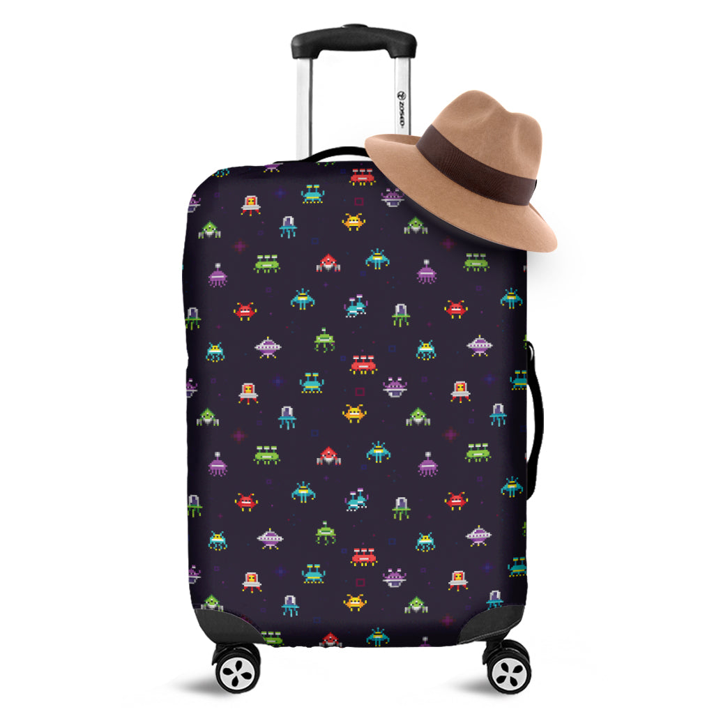 Pixel UFO Aliens Pattern Print Luggage Cover