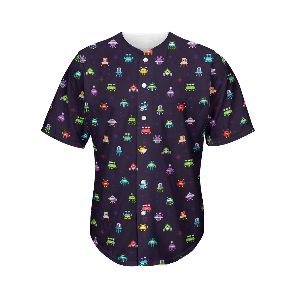 Pixel UFO Aliens Pattern Print Men's Baseball Jersey