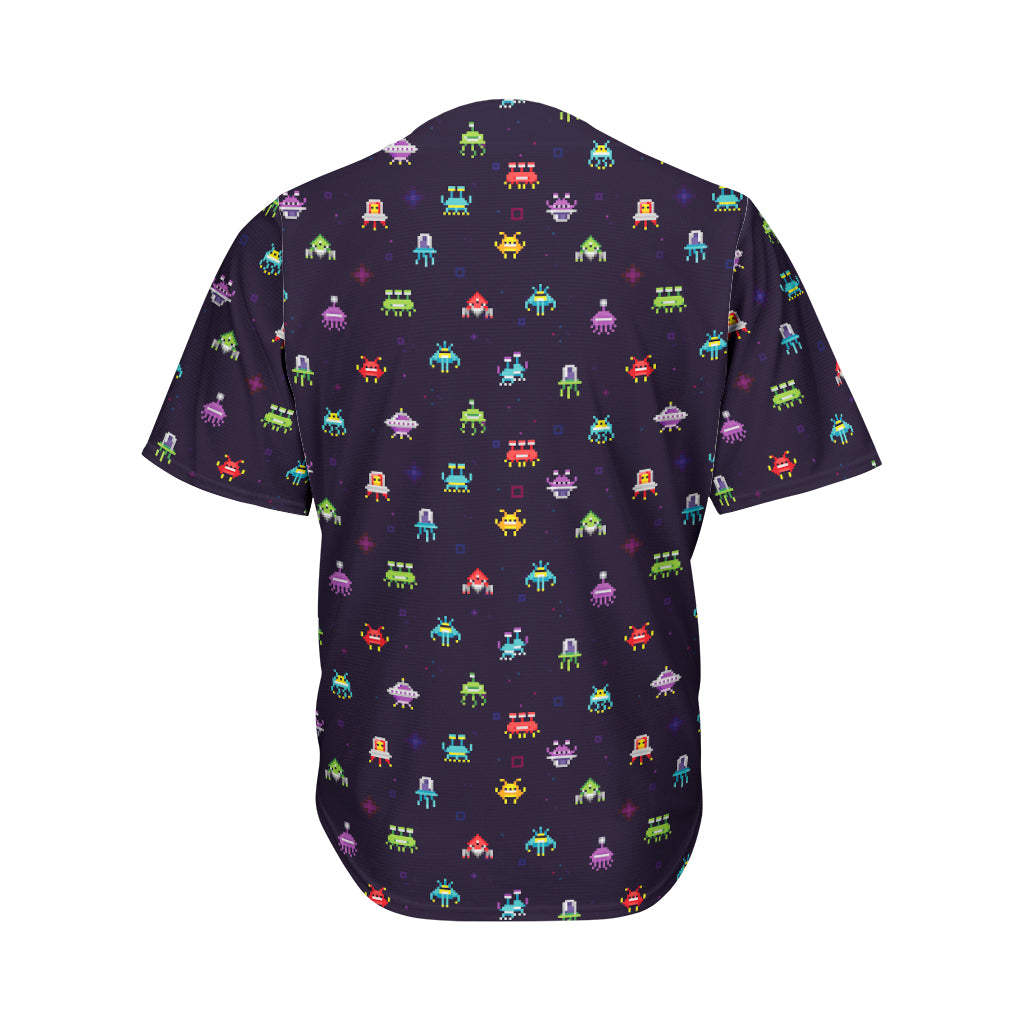 Pixel UFO Aliens Pattern Print Men's Baseball Jersey