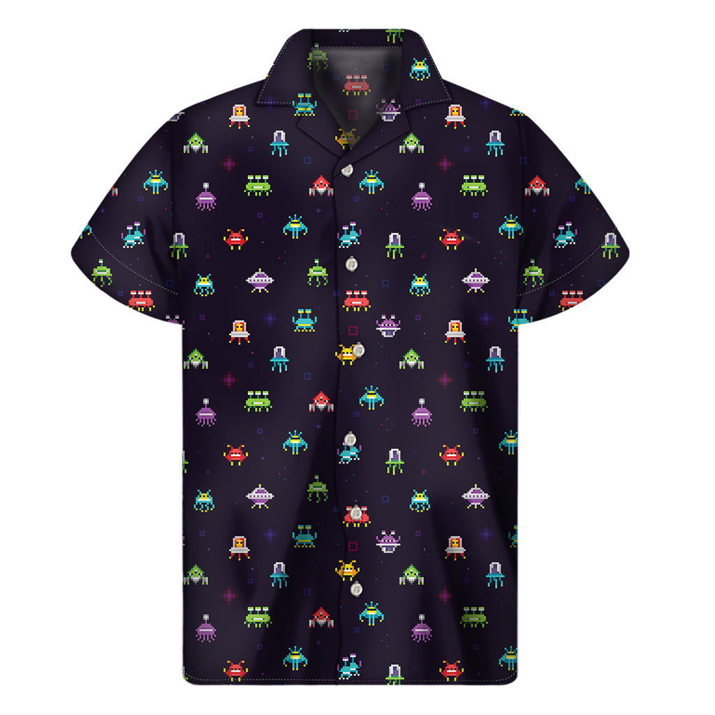 Pixel UFO Aliens Pattern Print Men's Short Sleeve Shirt