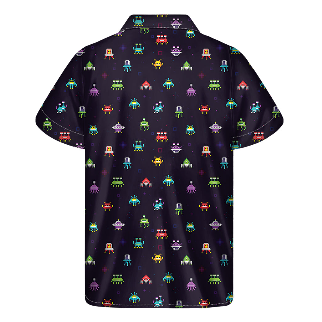 Pixel UFO Aliens Pattern Print Men's Short Sleeve Shirt