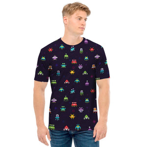 Pixel UFO Aliens Pattern Print Men's T-Shirt