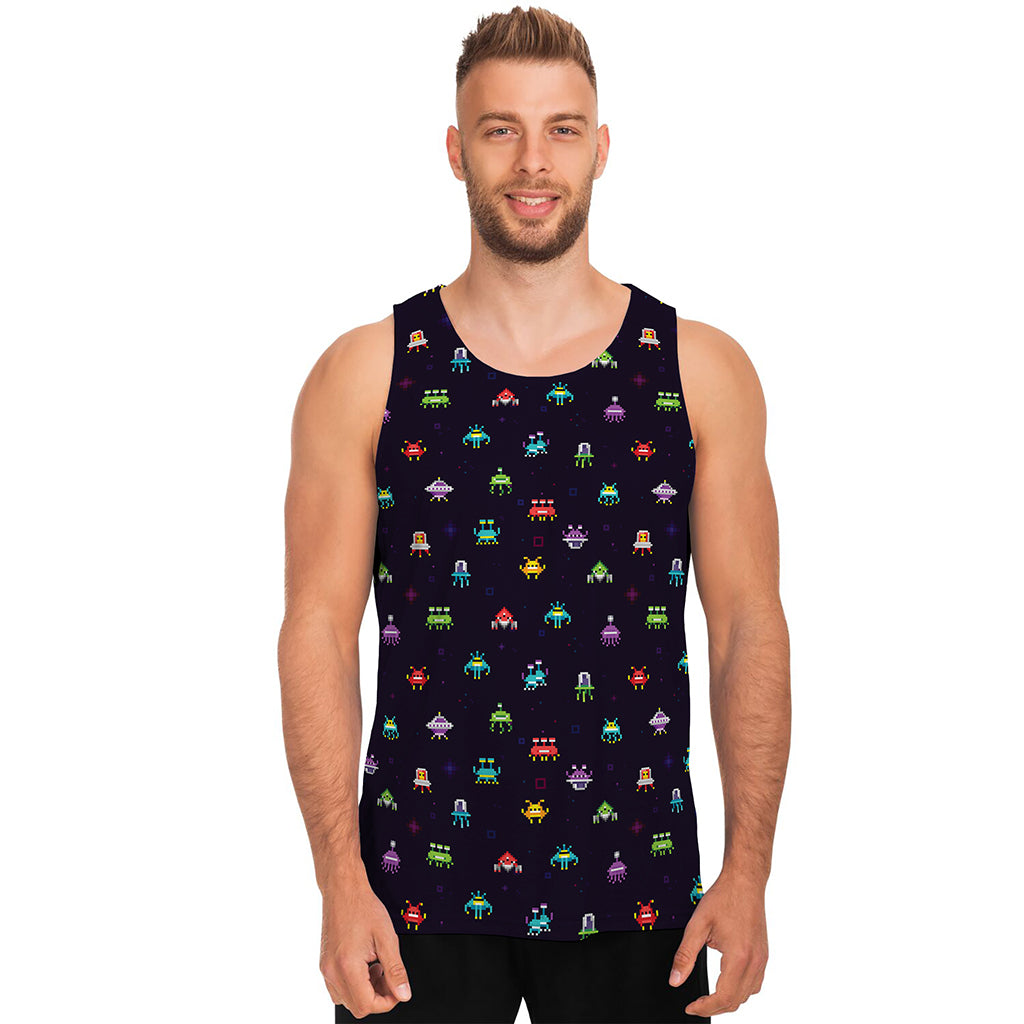 Pixel UFO Aliens Pattern Print Men's Tank Top