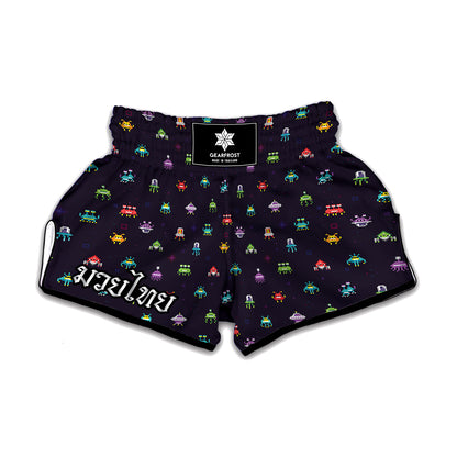 Pixel UFO Aliens Pattern Print Muay Thai Boxing Shorts