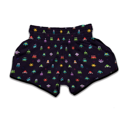 Pixel UFO Aliens Pattern Print Muay Thai Boxing Shorts