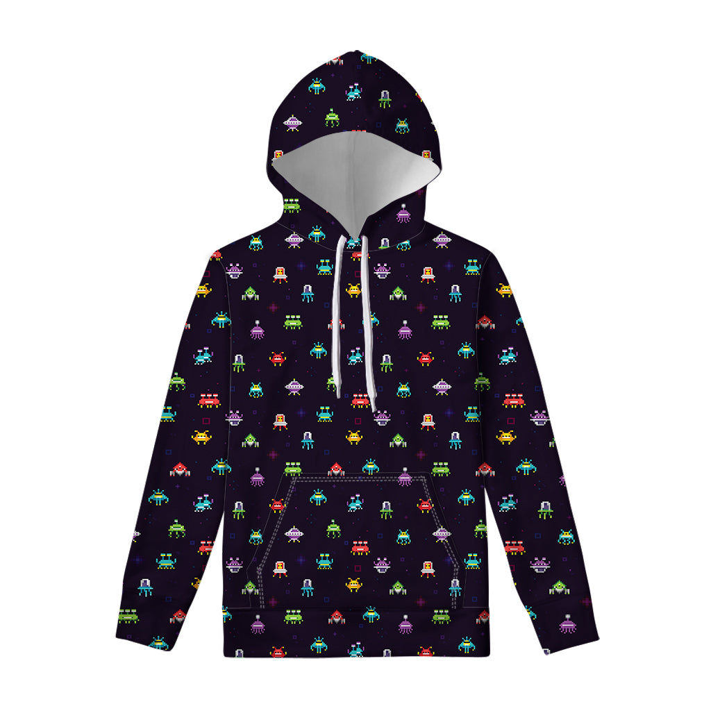 Pixel UFO Aliens Pattern Print Pullover Hoodie