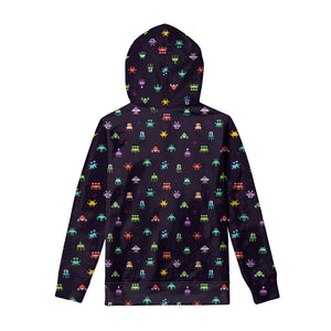 Pixel UFO Aliens Pattern Print Pullover Hoodie