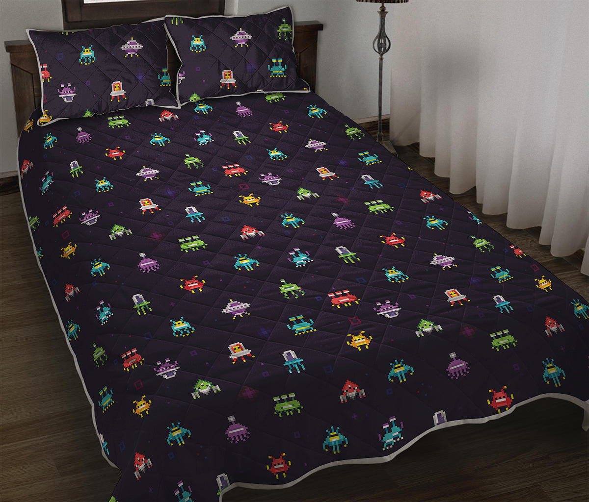 Pixel UFO Aliens Pattern Print Quilt Bed Set