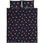 Pixel UFO Aliens Pattern Print Quilt Bed Set
