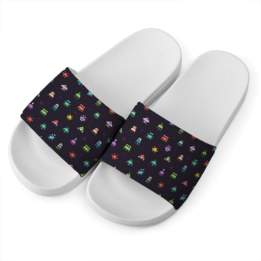 Pixel UFO Aliens Pattern Print White Slide Sandals