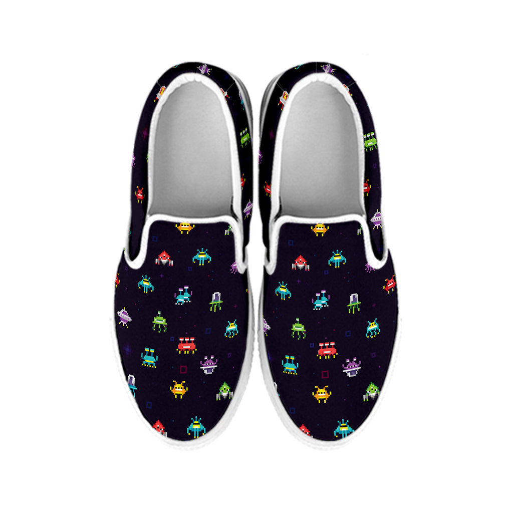 Pixel UFO Aliens Pattern Print White Slip On Shoes