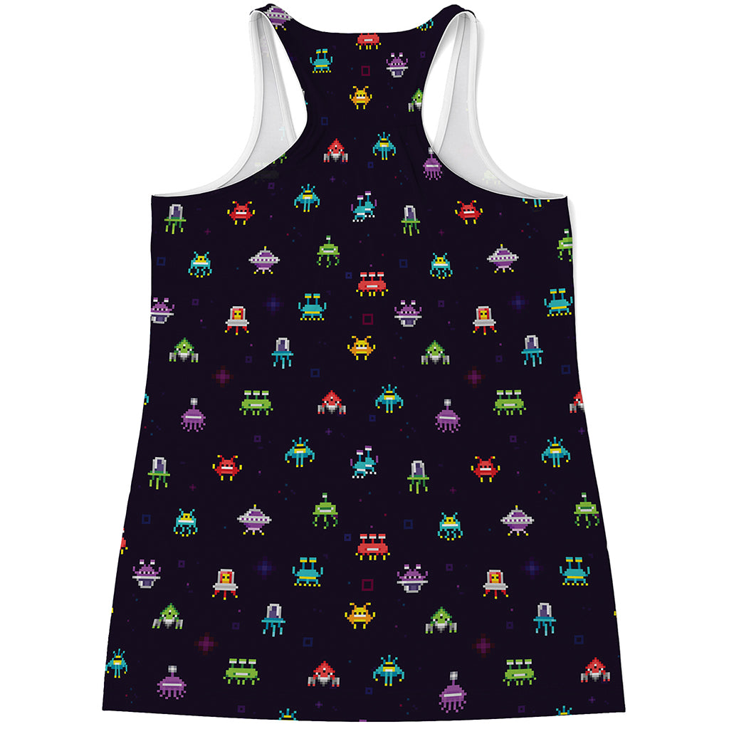 Pixel UFO Aliens Pattern Print Women's Racerback Tank Top