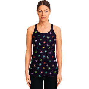 Pixel UFO Aliens Pattern Print Women's Racerback Tank Top