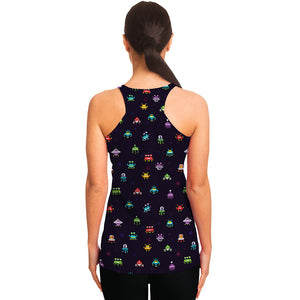 Pixel UFO Aliens Pattern Print Women's Racerback Tank Top