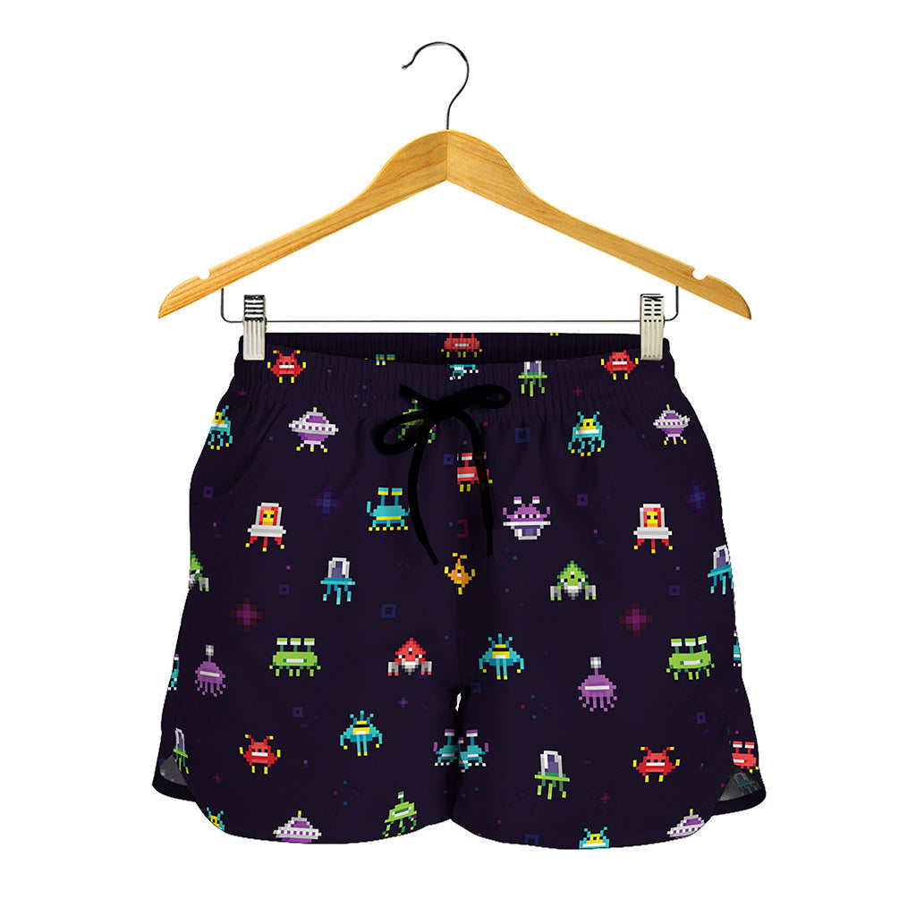 Pixel UFO Aliens Pattern Print Women's Shorts