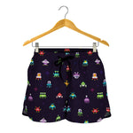 Pixel UFO Aliens Pattern Print Women's Shorts