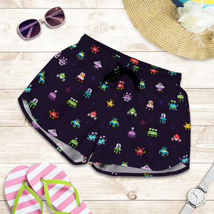 Pixel UFO Aliens Pattern Print Women's Shorts