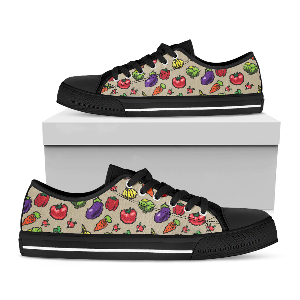 Pixel Vegetables Pattern Print Black Low Top Shoes