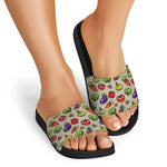 Pixel Vegetables Pattern Print Black Slide Sandals