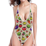 Pixel Vegetables Pattern Print One Piece High Cut Swimsuit