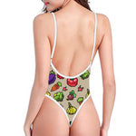 Pixel Vegetables Pattern Print One Piece High Cut Swimsuit