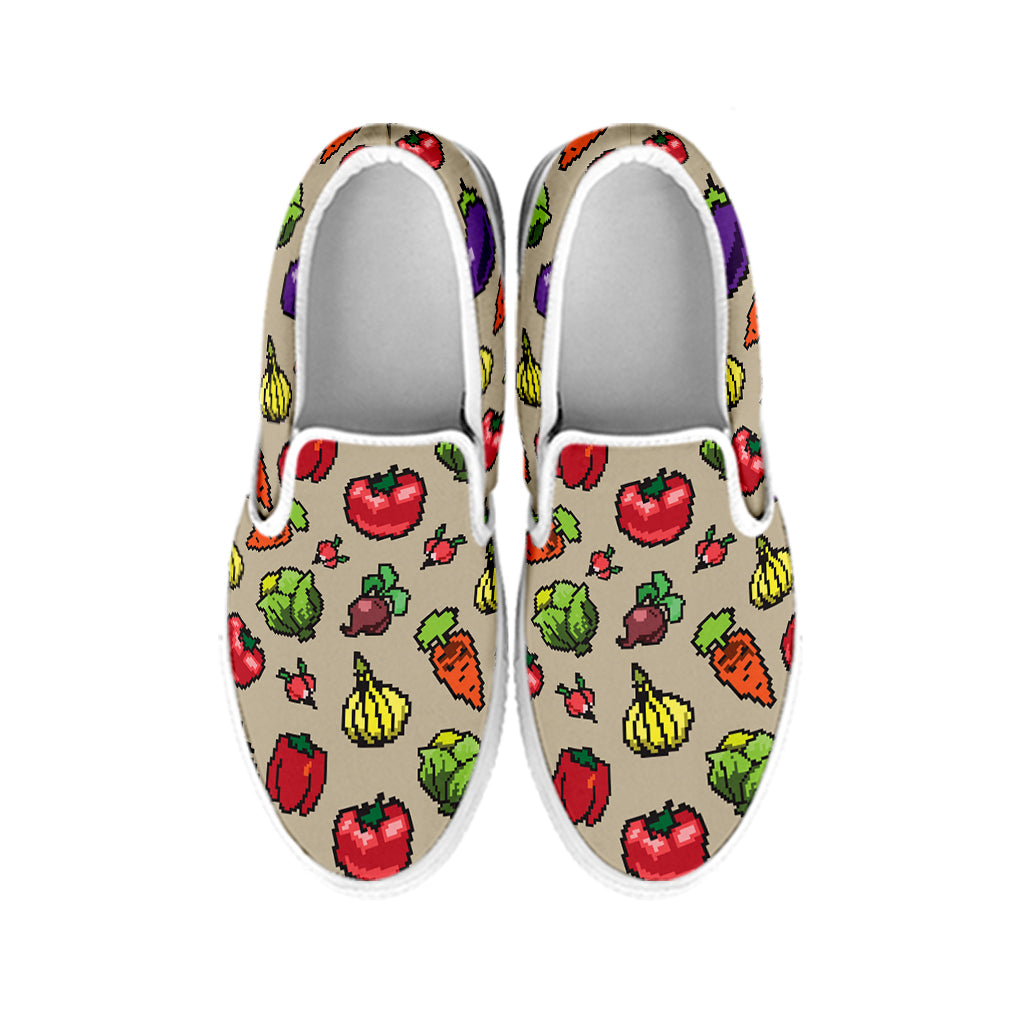 Pixel Vegetables Pattern Print White Slip On Shoes
