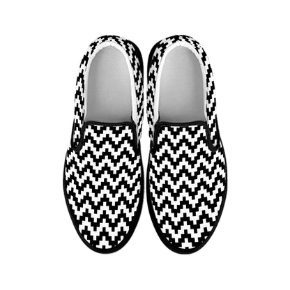 Pixel Zigzag Pattern Print Black Slip On Shoes