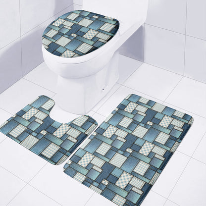 Plaid And Denim Patchwork Pattern Print 3 Piece Bath Mat Set