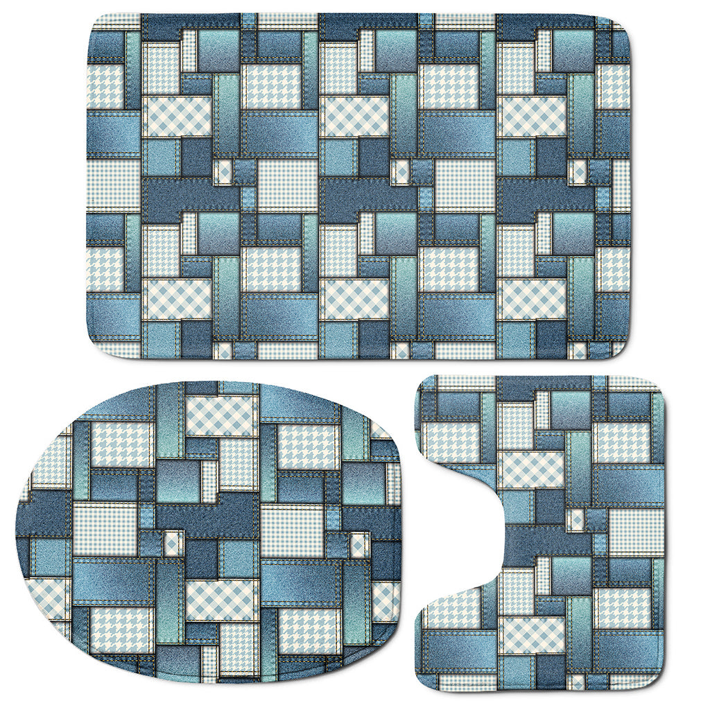 Plaid And Denim Patchwork Pattern Print 3 Piece Bath Mat Set