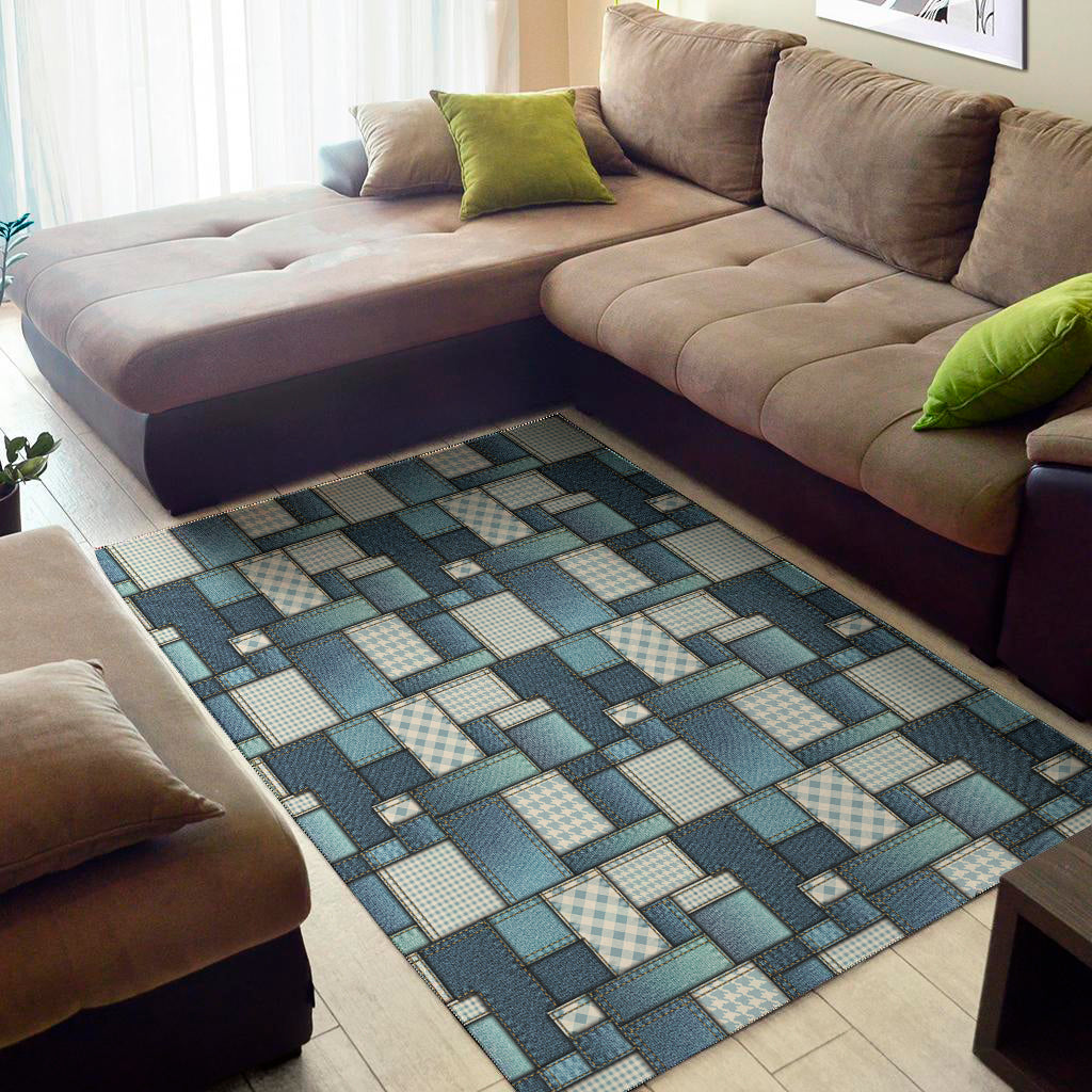 Plaid And Denim Patchwork Pattern Print Area Rug