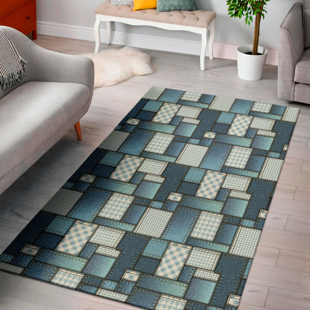 Plaid And Denim Patchwork Pattern Print Area Rug