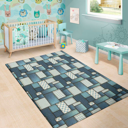 Plaid And Denim Patchwork Pattern Print Area Rug