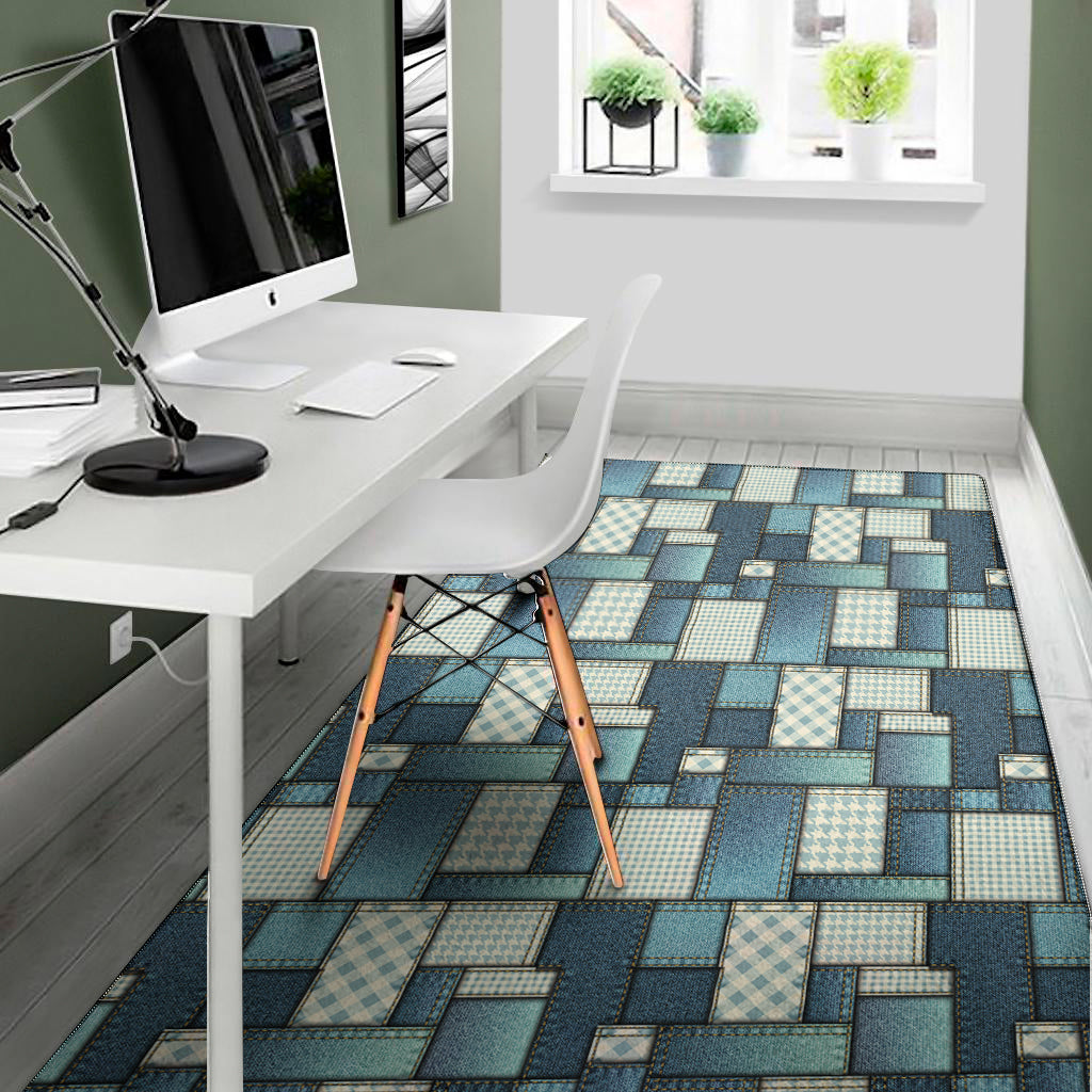 Plaid And Denim Patchwork Pattern Print Area Rug
