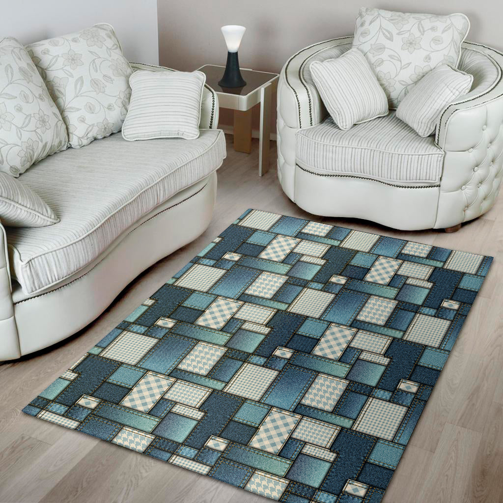 Plaid And Denim Patchwork Pattern Print Area Rug