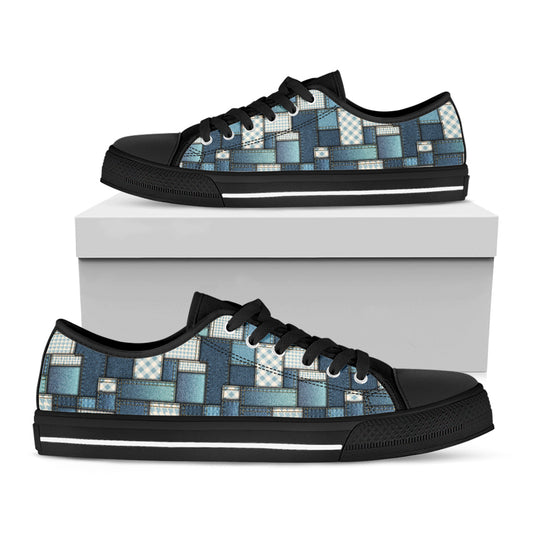 Plaid And Denim Patchwork Pattern Print Black Low Top Shoes