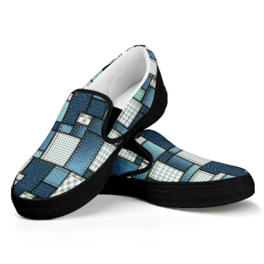 Plaid And Denim Patchwork Pattern Print Black Slip On Shoes