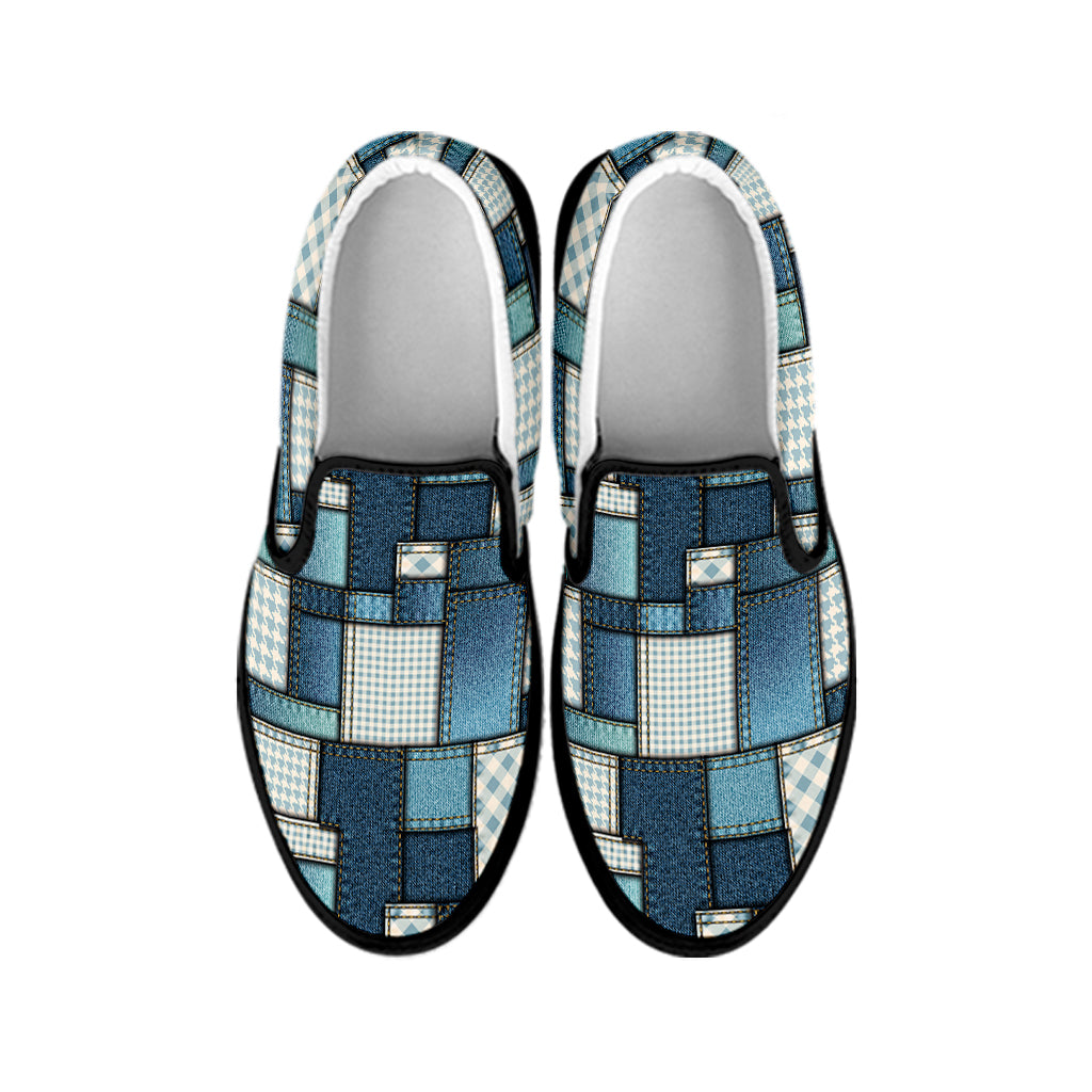 Plaid And Denim Patchwork Pattern Print Black Slip On Shoes