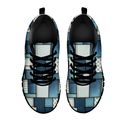 Plaid And Denim Patchwork Pattern Print Black Sneakers