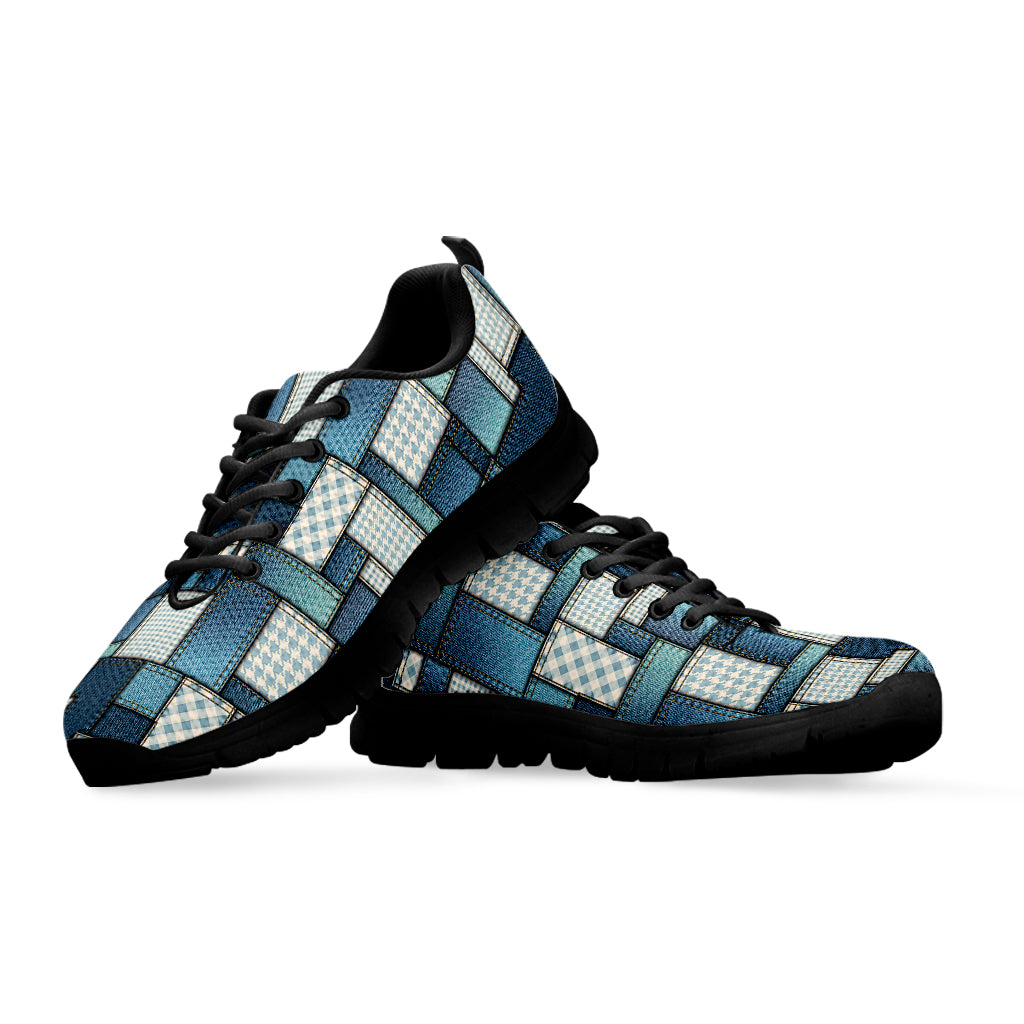 Plaid And Denim Patchwork Pattern Print Black Sneakers