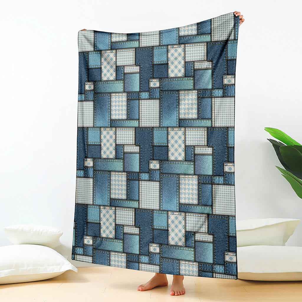 Plaid And Denim Patchwork Pattern Print Blanket