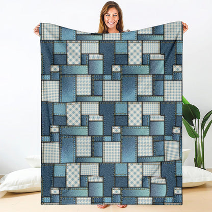Plaid And Denim Patchwork Pattern Print Blanket