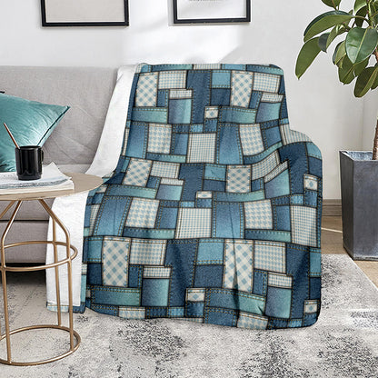Plaid And Denim Patchwork Pattern Print Blanket