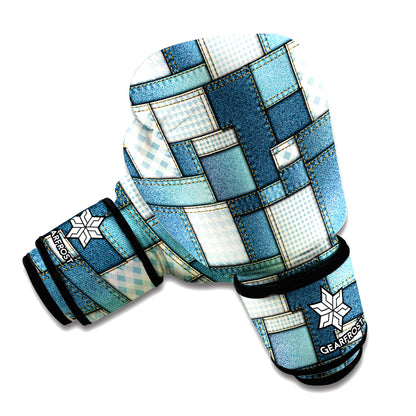 Plaid And Denim Patchwork Pattern Print Boxing Gloves