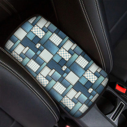Plaid And Denim Patchwork Pattern Print Car Center Console Cover
