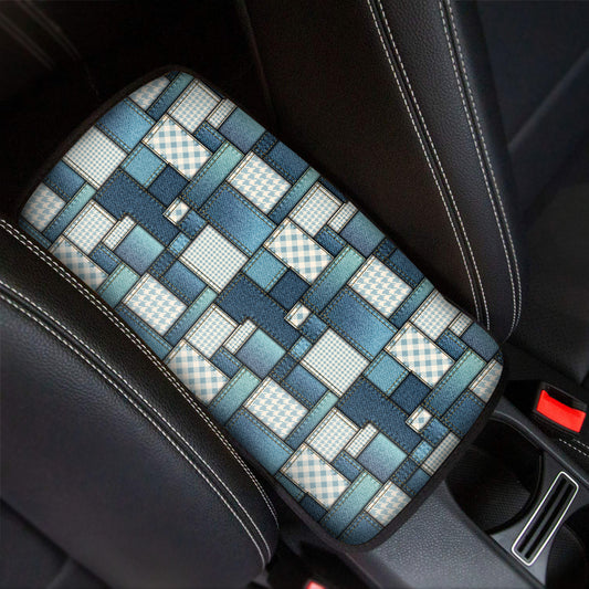 Plaid And Denim Patchwork Pattern Print Car Center Console Cover